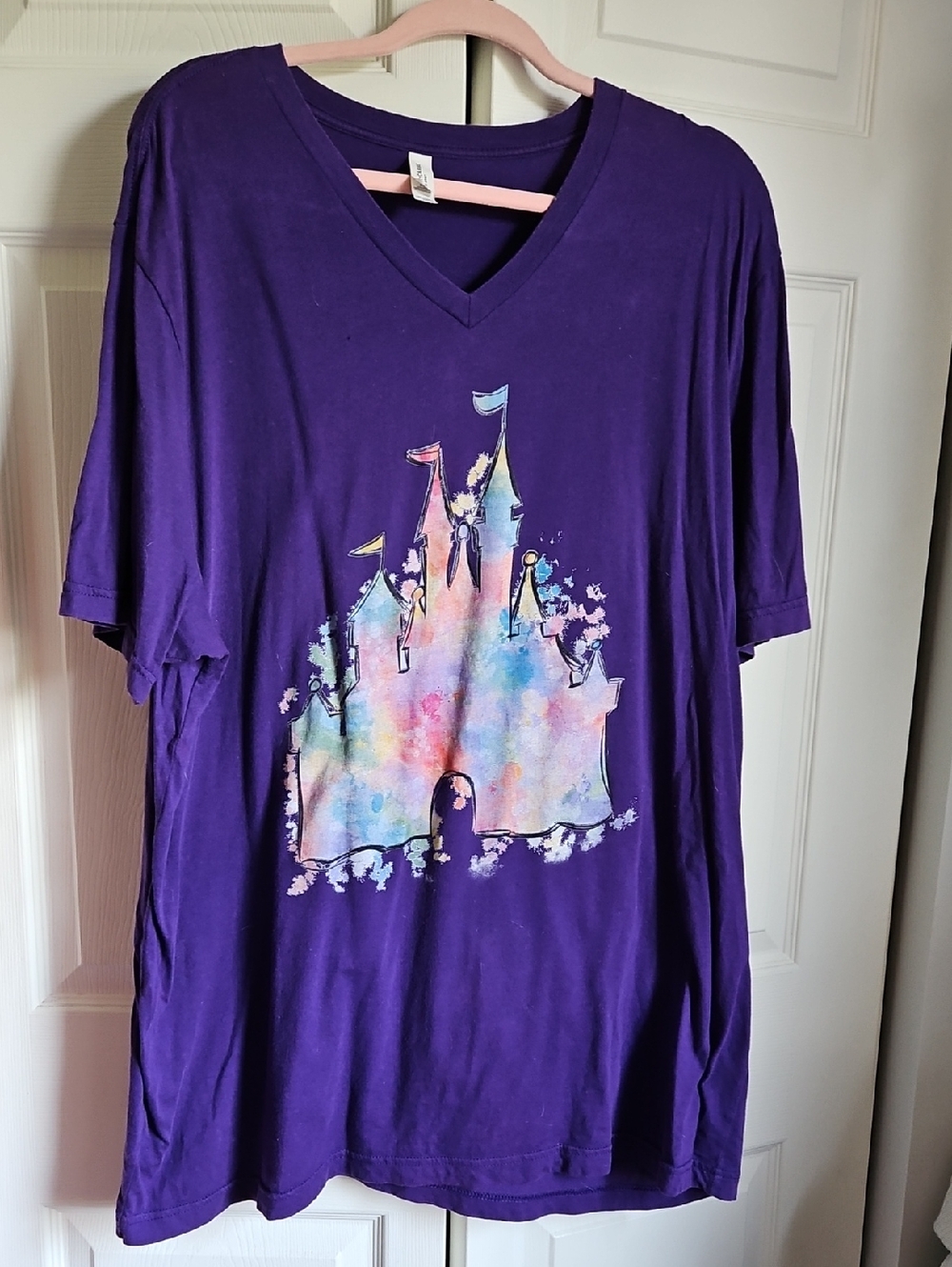 Bella Canvas Purple V-Neck Tee with Pastel Castle Print